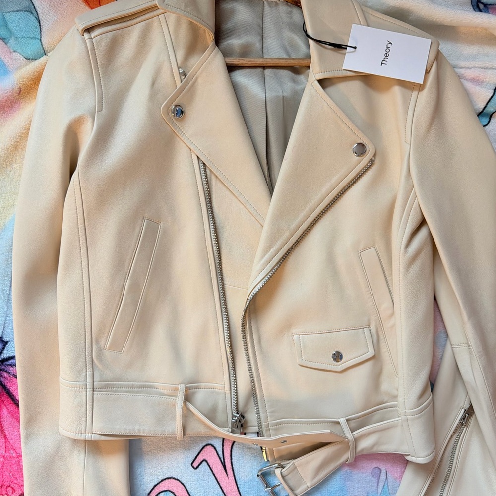 Theory Women's Beige Leather Biker Jacket L